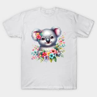 A baby koala bear decorated with beautiful colorful flowers. T-Shirt